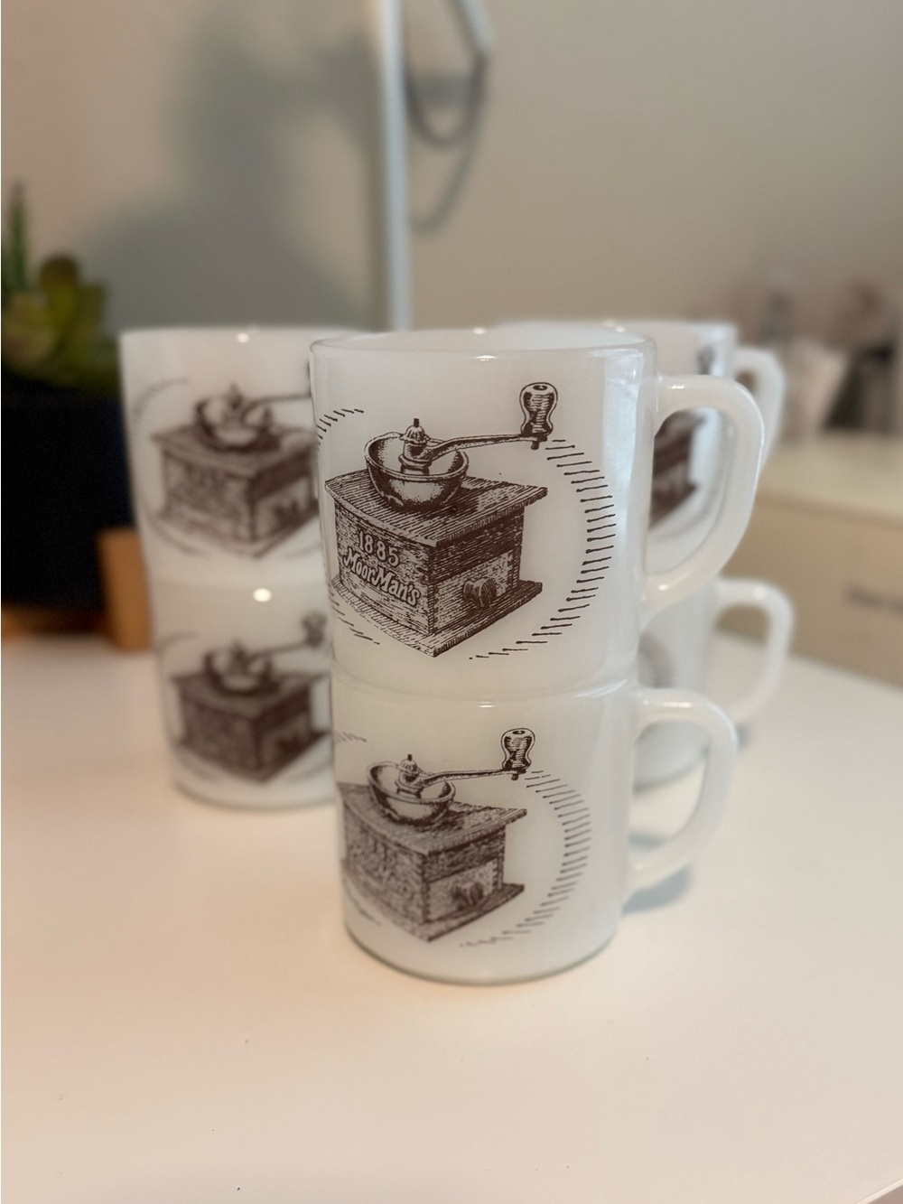 Very Cool Fire King Milk Glass Coffee Mugs with Vintage Grinder Graphic Set of 6